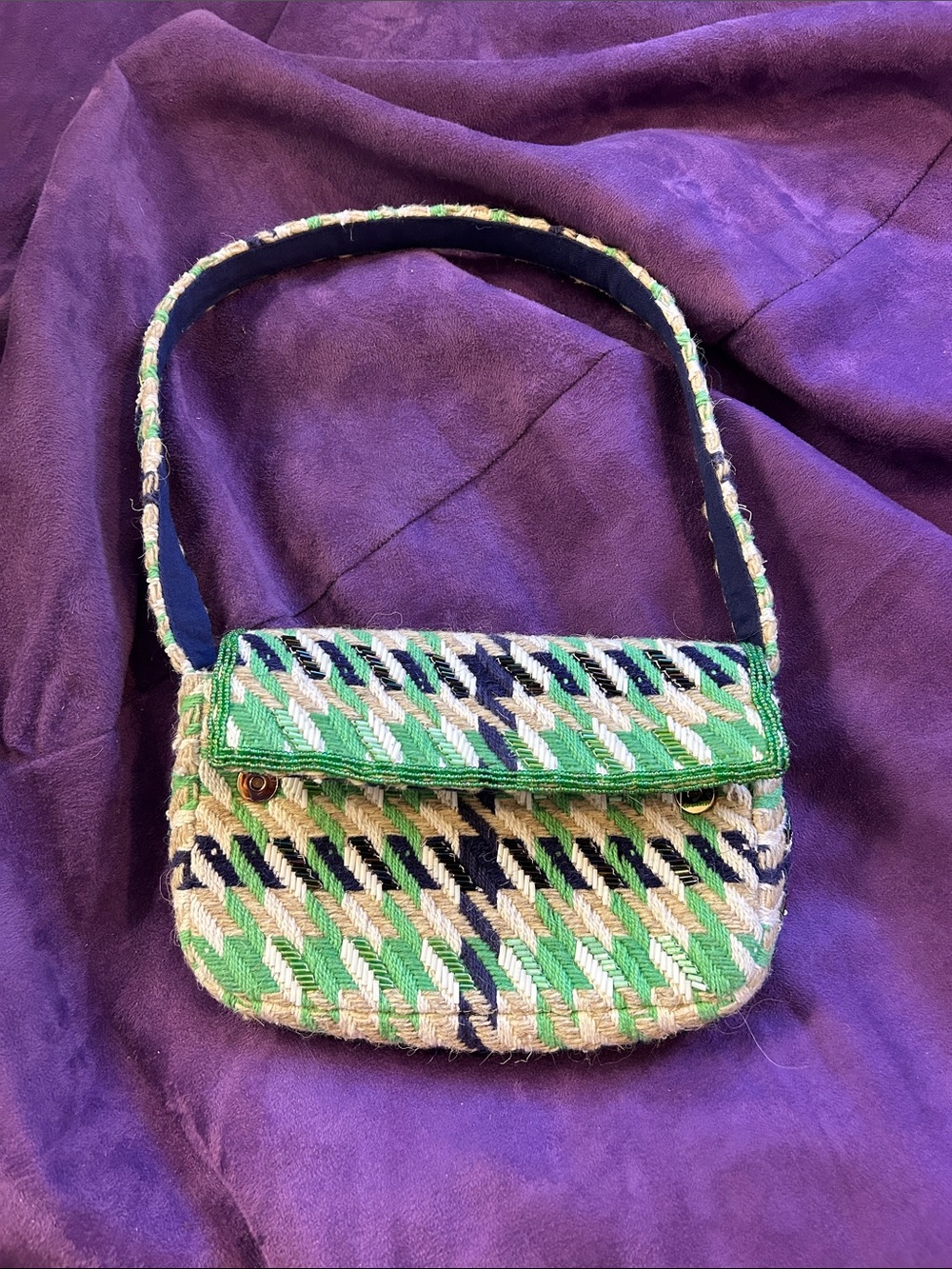 Anthropologie Green, Navy & Cream Woven Chevron Mini bag